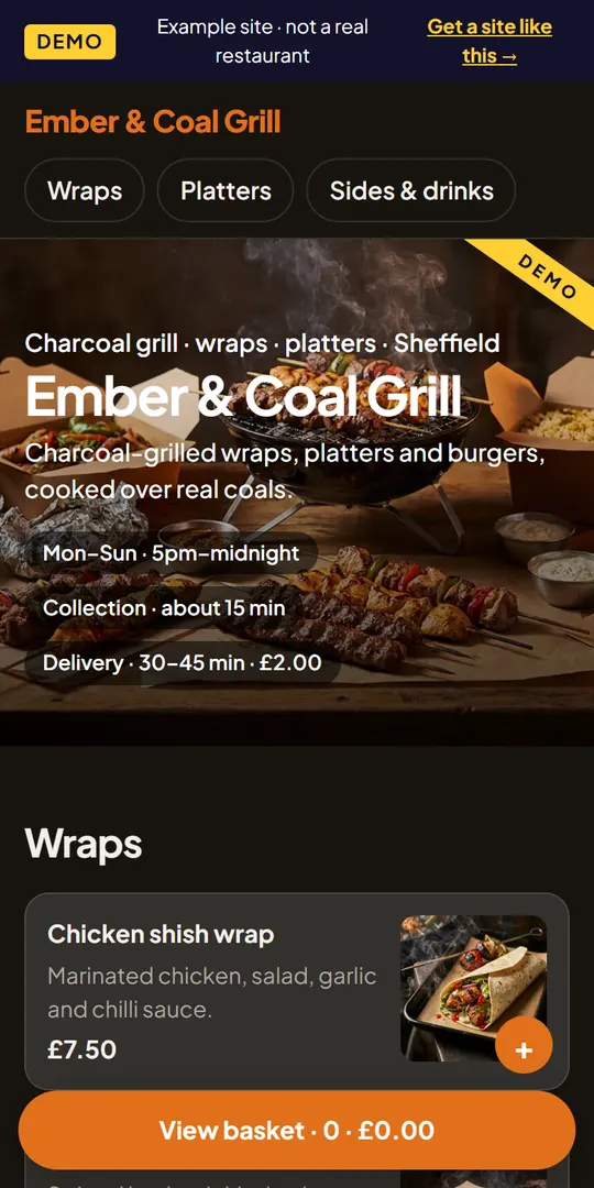 Phone screen of the Ember & Coal Grill example ordering site