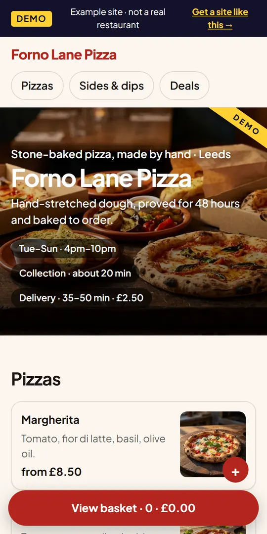 Phone screen of the Forno Lane Pizza example ordering site