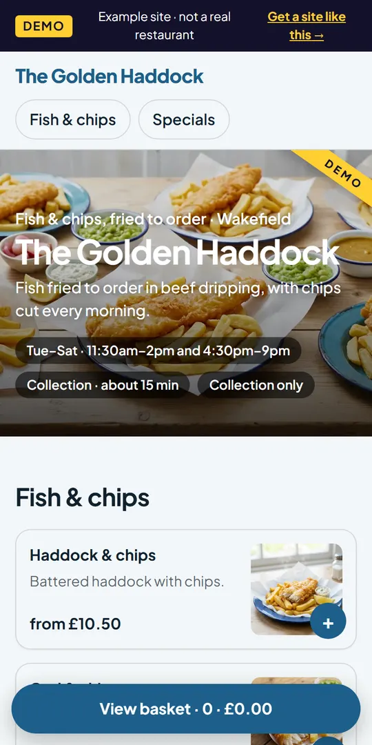 Phone screen of the The Golden Haddock example ordering site