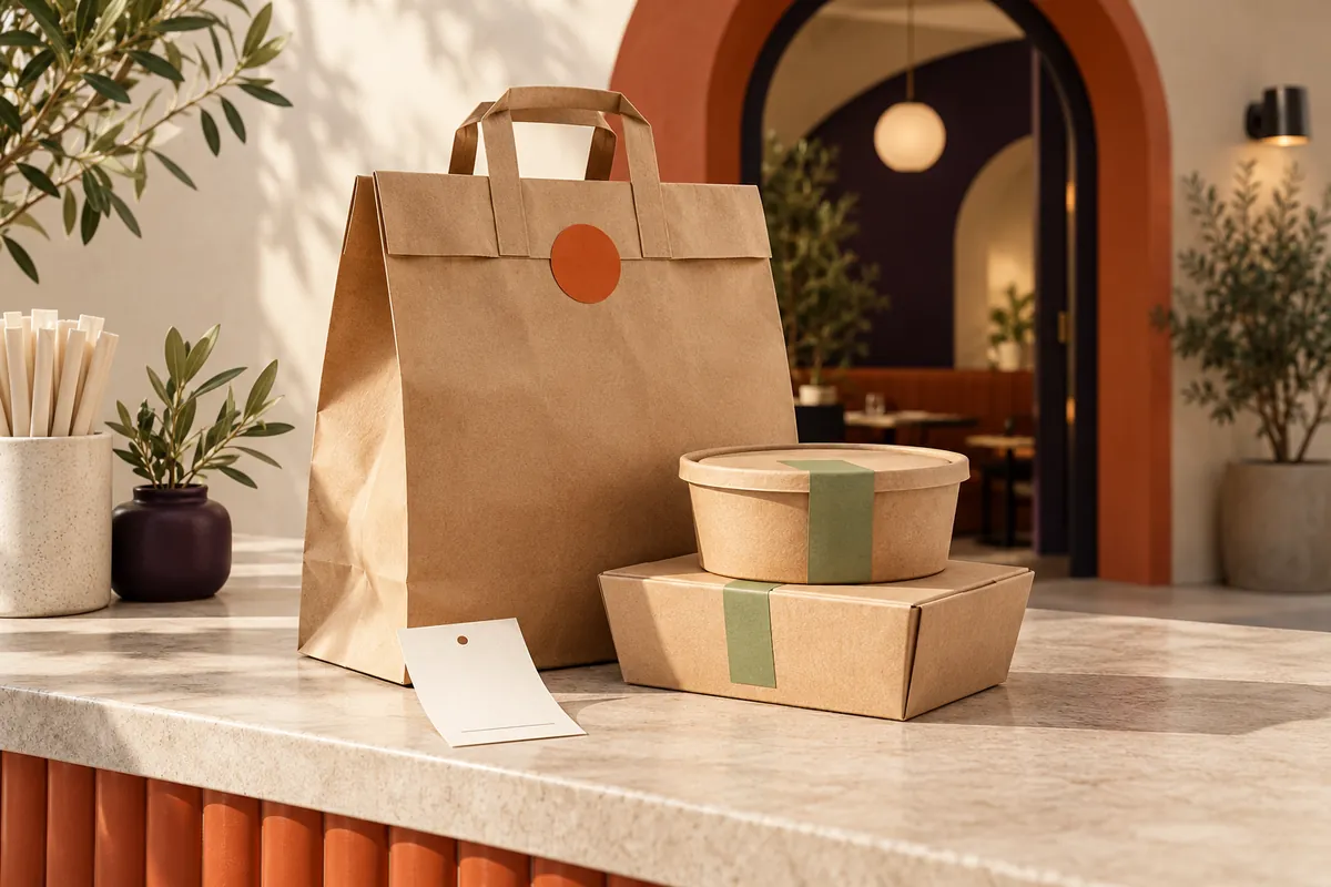 Illustration of a packed takeaway bag ready at a collection counter.