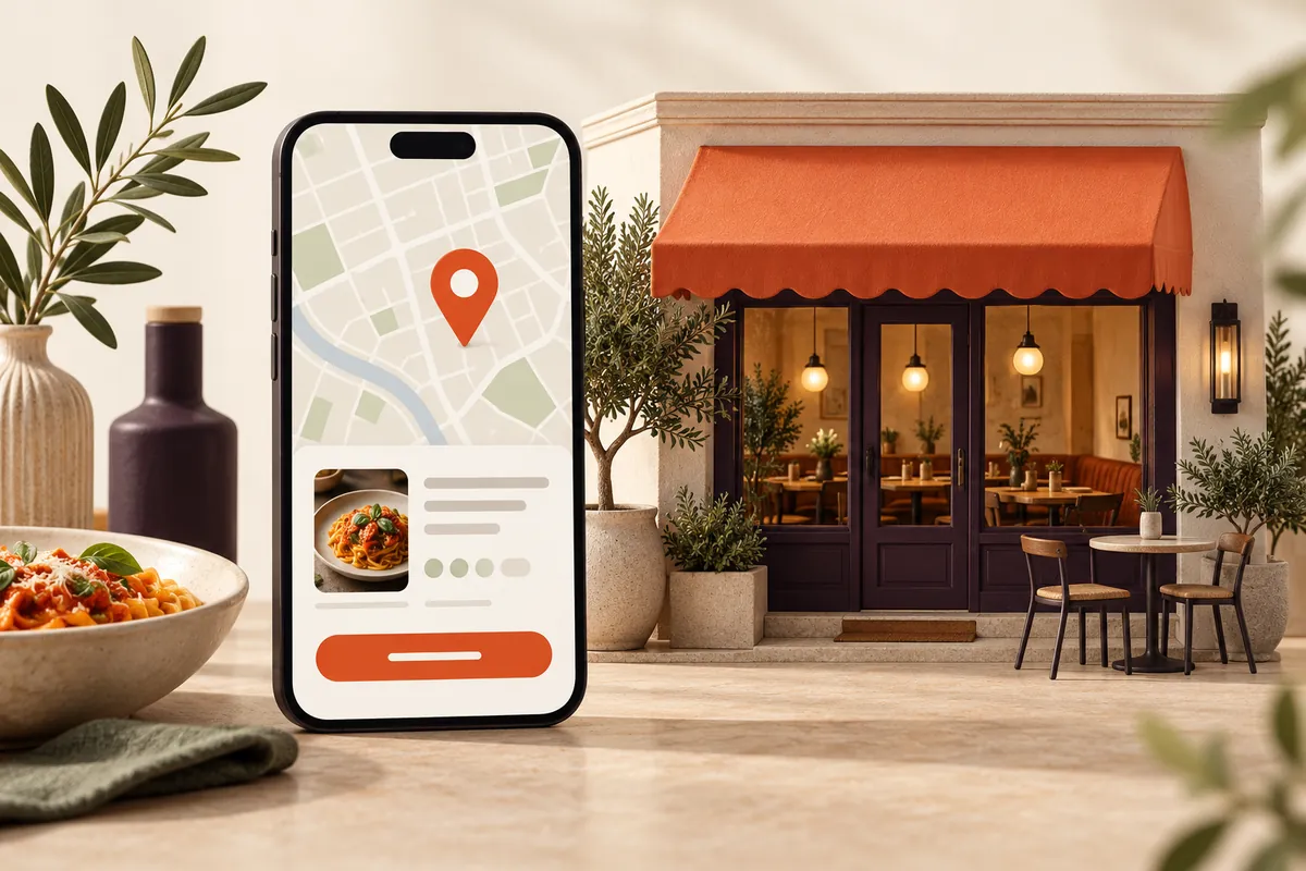 Illustration of a phone with a map pin beside a restaurant frontage.