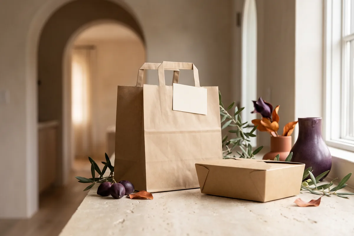 A takeaway bag with a blank card tucked into its handle, beside a food box on a counter.
