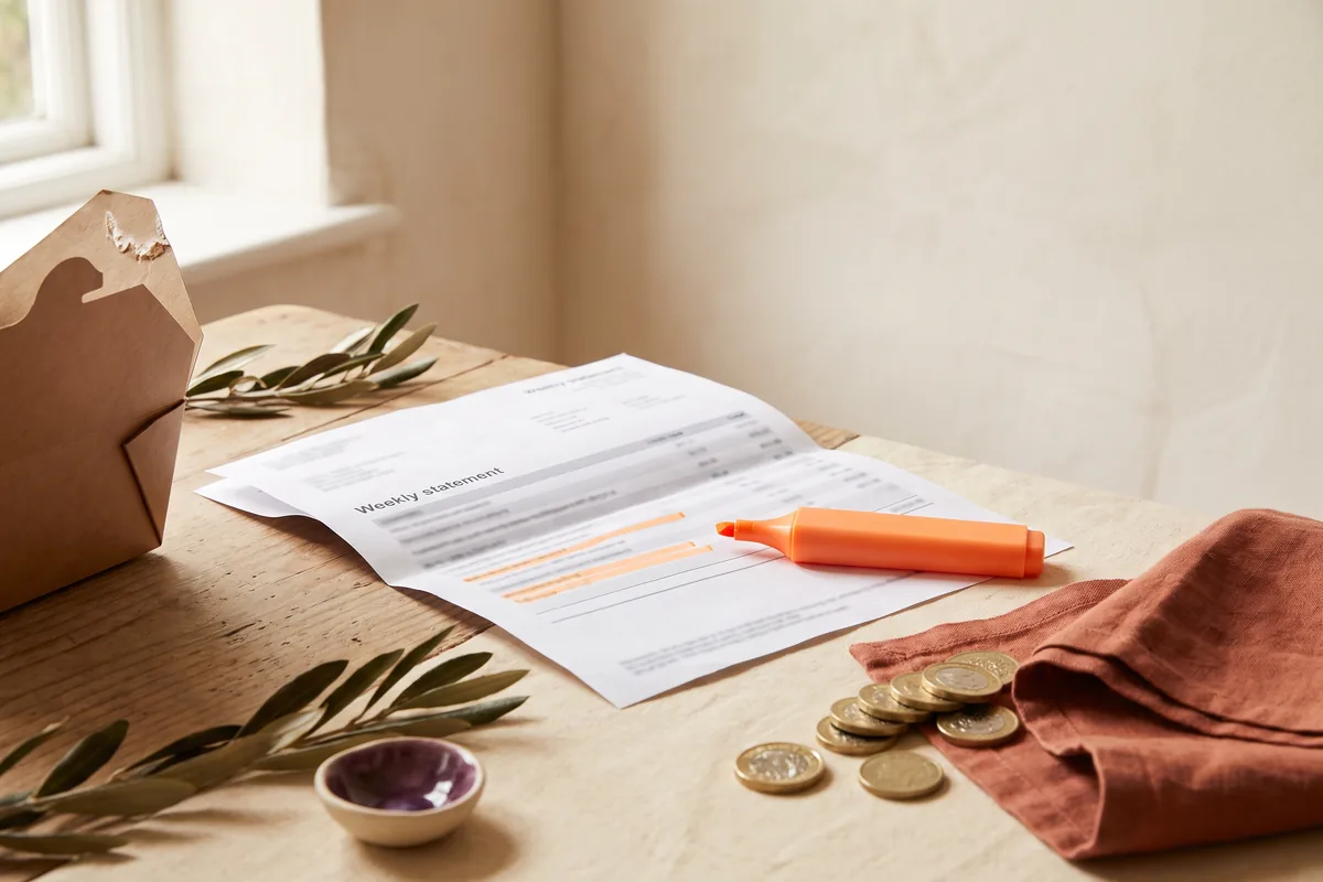 A weekly statement with lines highlighted in orange, beside pound coins and a takeaway box.