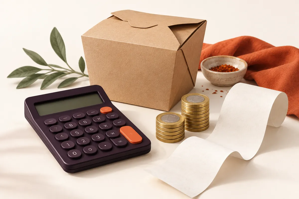 Calculator, receipt and takeaway box illustrating restaurant ordering costs.