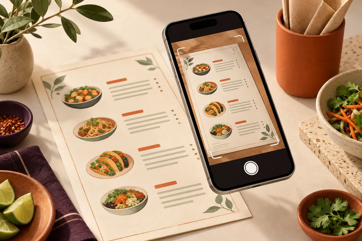 Illustration of a phone photographing a printed takeaway menu.