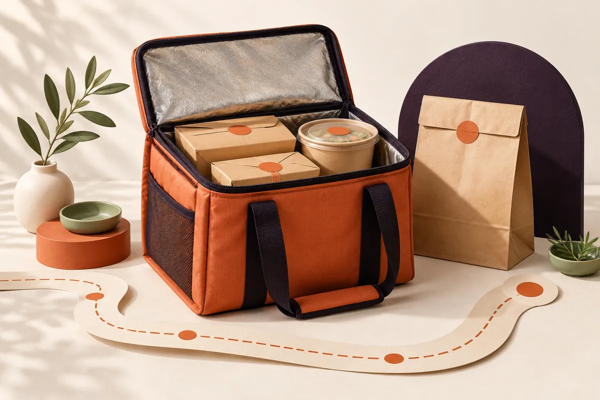 Insulated delivery bag and a sealed takeaway meal, illustrated in warm colours.