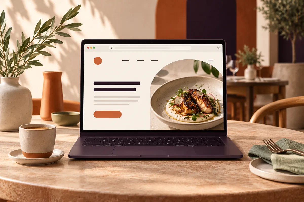 Illustration of a restaurant website and browser address bar on a laptop.
