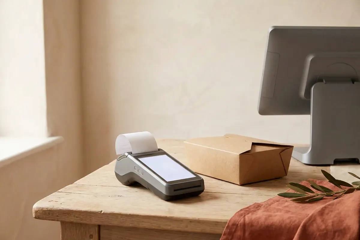 A small order terminal printing a ticket beside a takeaway box on a wooden counter, with a larger till screen behind.