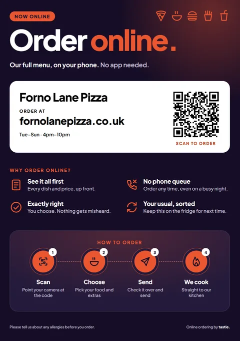Example leaflet: Order online, with the shop’s name, web address and QR code