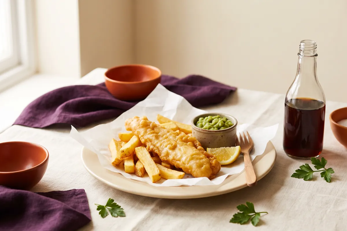 Battered fish and chips on paper with a lemon wedge and a pot of mushy peas.