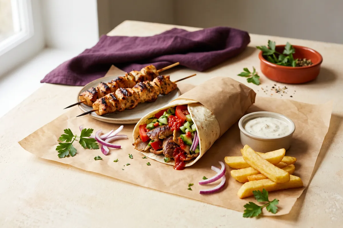 A doner kebab wrap with salad and chilli sauce, chicken shish skewers, garlic sauce and chips.