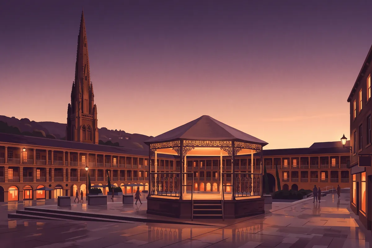 Illustration of the Piece Hall in Halifax at dusk.