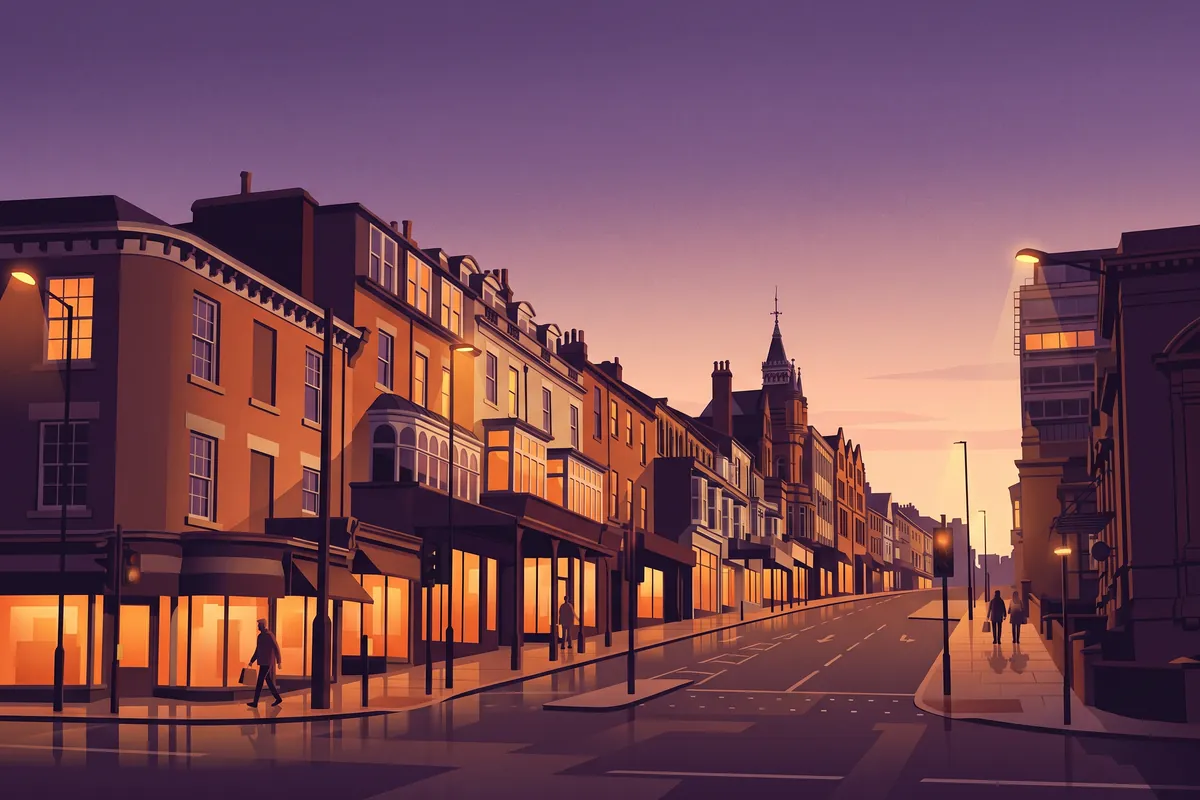 Illustration of Parliament Street, Harrogate at dusk.