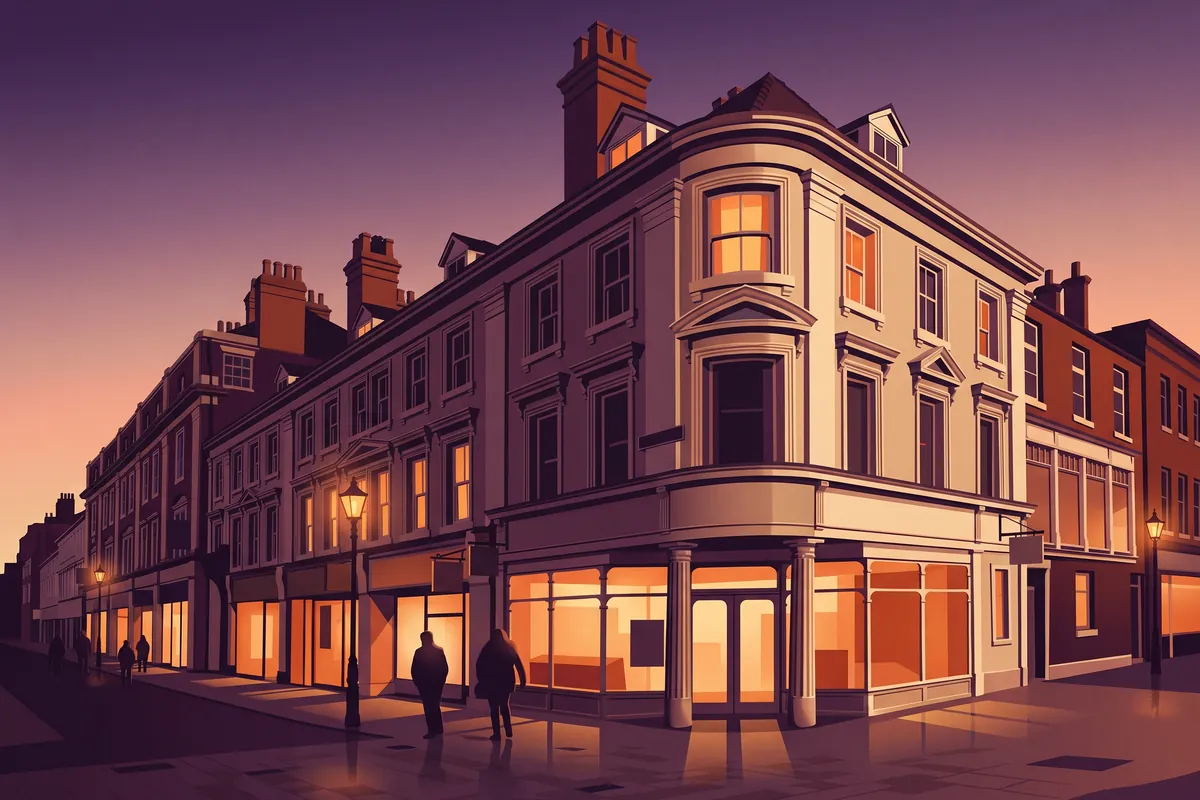 Illustration of Whitefriargate, Hull at dusk.